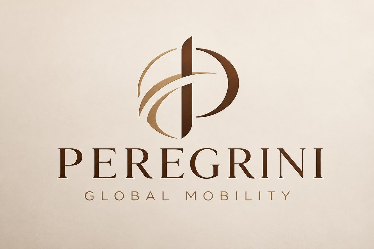 Peregrini Global Mobility logo in brown and gold on an ivory background